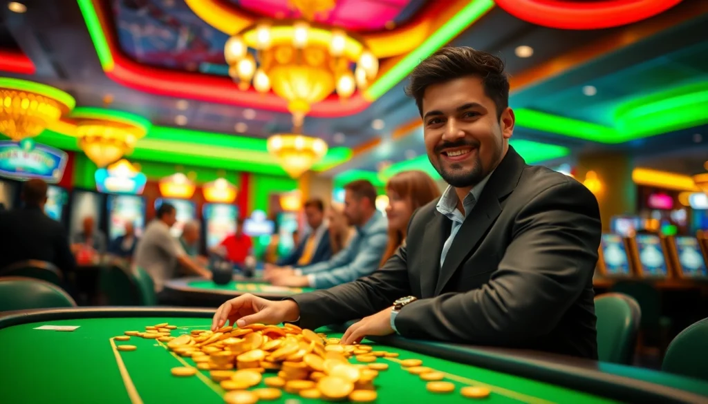 Pinco Casino sadiqlik mukafatlari ilə müştəri sevincini nümayiş etdirən cazibədar kazino görüntüsü.