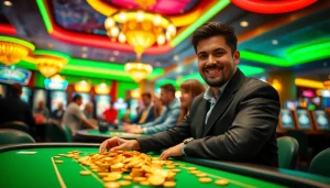 Pinco Casino sadiqlik mukafatlari ilə müştəri sevincini nümayiş etdirən cazibədar kazino görüntüsü.