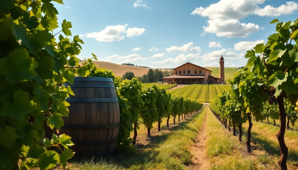 Experience the serene Winery Sacramento atmosphere with lush vineyards and a rustic wooden barrel.
