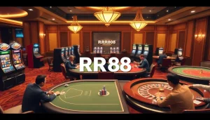 RR88 players enjoying an engaging online casino experience with vibrant slot machines and poker tables.