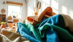 Duurzame stoffen met een diversiteit aan texturen en kleuren in een ambachtelijke studio.