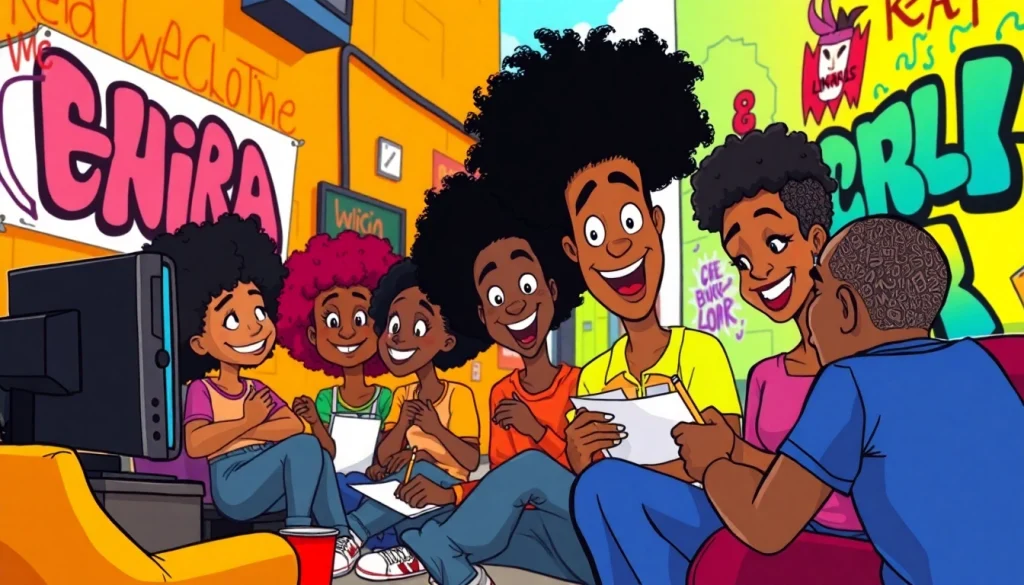 A vibrant depiction of African American Cartoons characters enjoying creative activities in an urban setting.