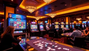 Enjoying a thrilling game of idnslot with vibrant slot machines and classic casino elements.