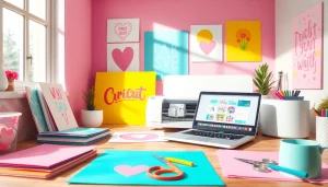 Cricut SVG design workspace with vibrant colors and crafting materials