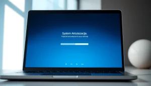 Aktualizacja systemu z nowoczesnego laptopa w profesjonalnym otoczeniu.