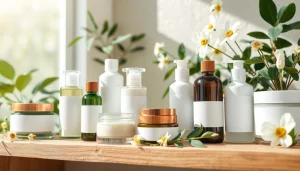 Prikaz prirodne kozmetike na drvenoj polici sa biljkama u pozadini