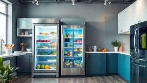 Showcasing refrigerator sales with a modern display of sleek appliances in a bright kitchen.