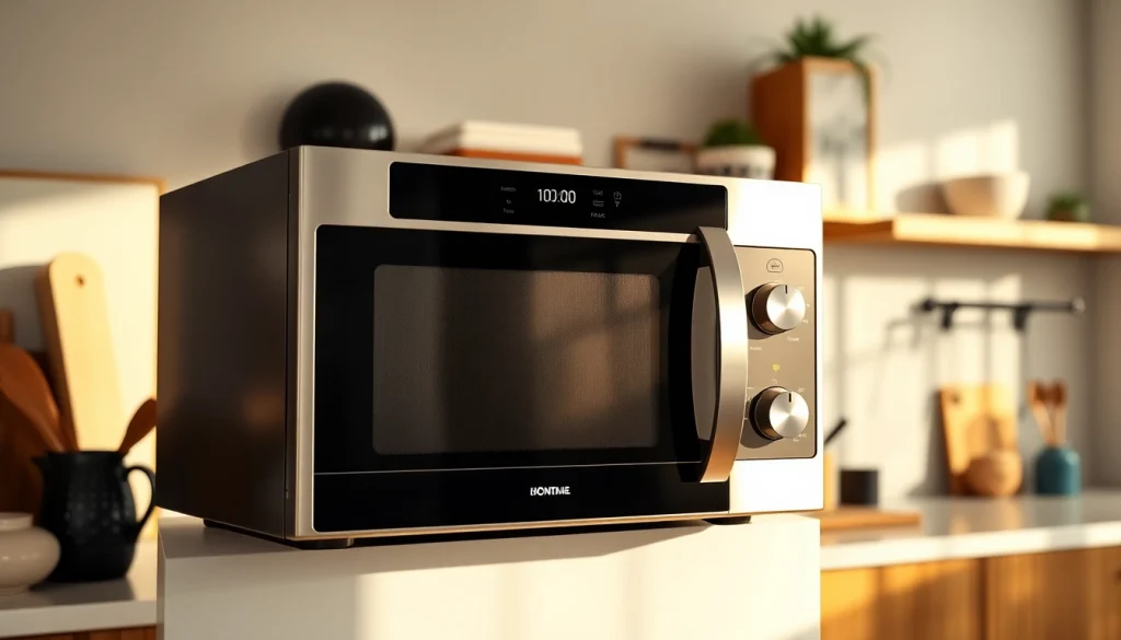 Innovative microwave oven showcasing its sleek design and functionality in a modern kitchen.