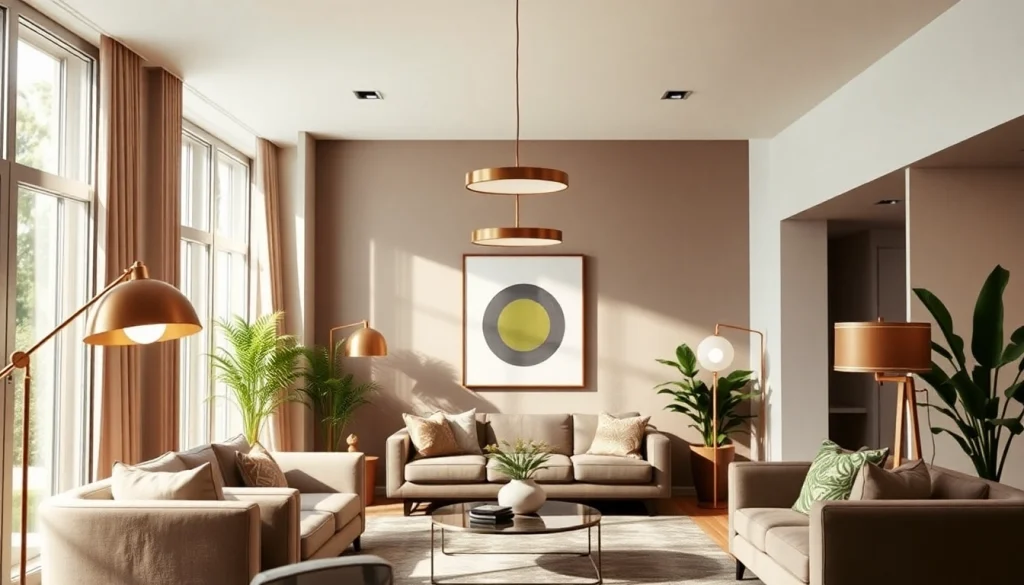 Bright and inviting living room with modern lighting fixtures, showcasing Shop ModernLighting styles.