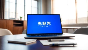 Professional workspace showcasing 有道翻译 on a laptop screen with a notepad and pen.
