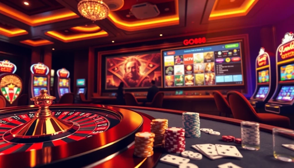 Engaging casino experience showcasing GO88 with poker chips and slot machines for thrilling gameplay.