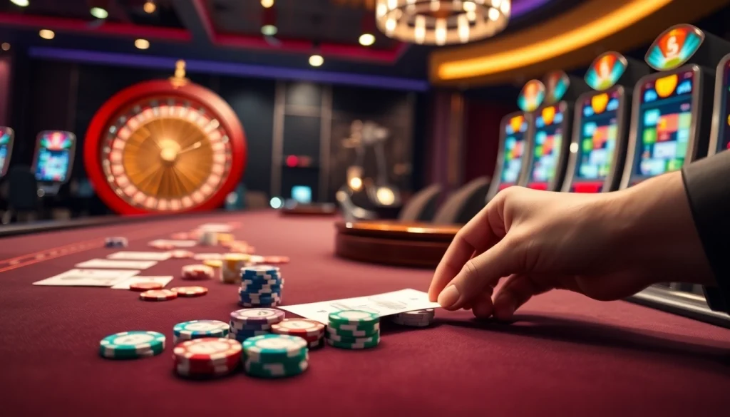 RR88 offers an engaging casino experience featuring poker chips and a roulette wheel.