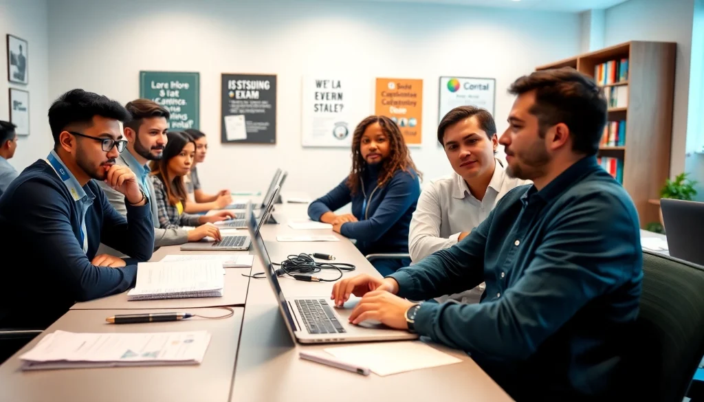 Candidates engaged in studies for CompTIA exam assistance in a bright, modern study room.