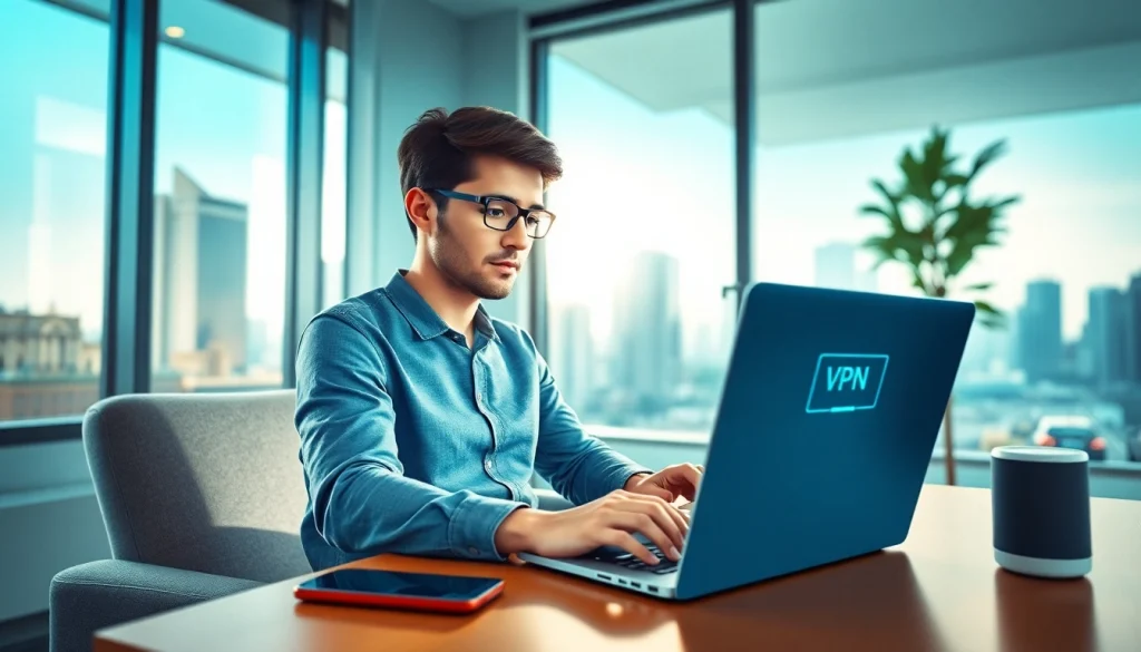 在现代工作空间中，笔记本电脑上使用快连 VPN 的用户正在建立安全连接。