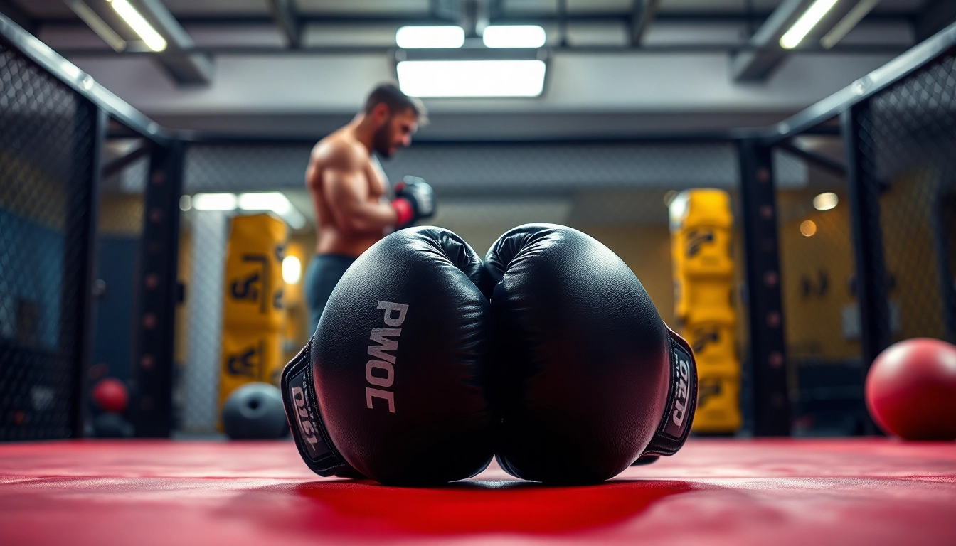 Hochwertige MMA gloves auf einem Trainingsmatte, vorbereitet für den Kampf.