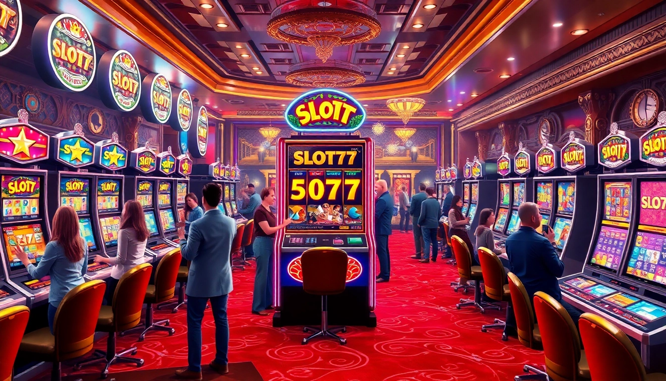Permainan Slot77 yang menarik di kasino dengan pencahayaan cerah dan pemain antusias.