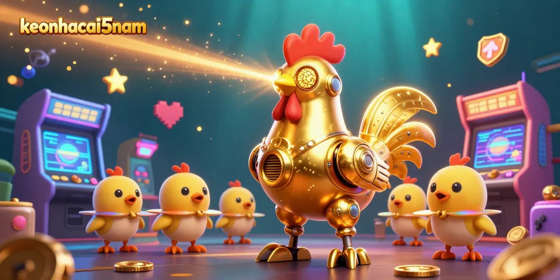 Engage in exciting bets with keonhacai5nam illustrated as a golden rooster robot amidst neon gaming elements.