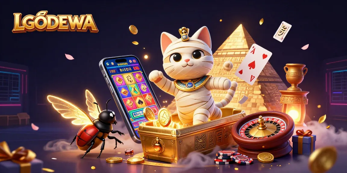 Experience the thrills of LGODEWA with a vibrant illustration featuring a mummy cat, golden coins, and dynamic slots.