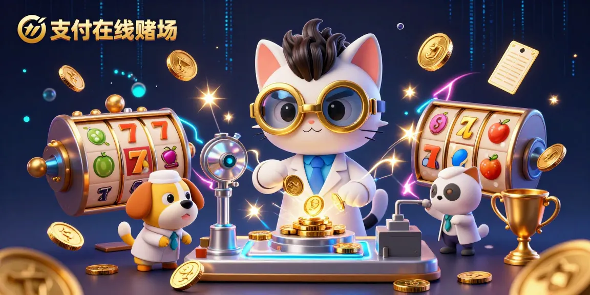 在支付在线赌场使用卡通科学家猫和助手创造金币的动态场景，充满了赌场元素。
