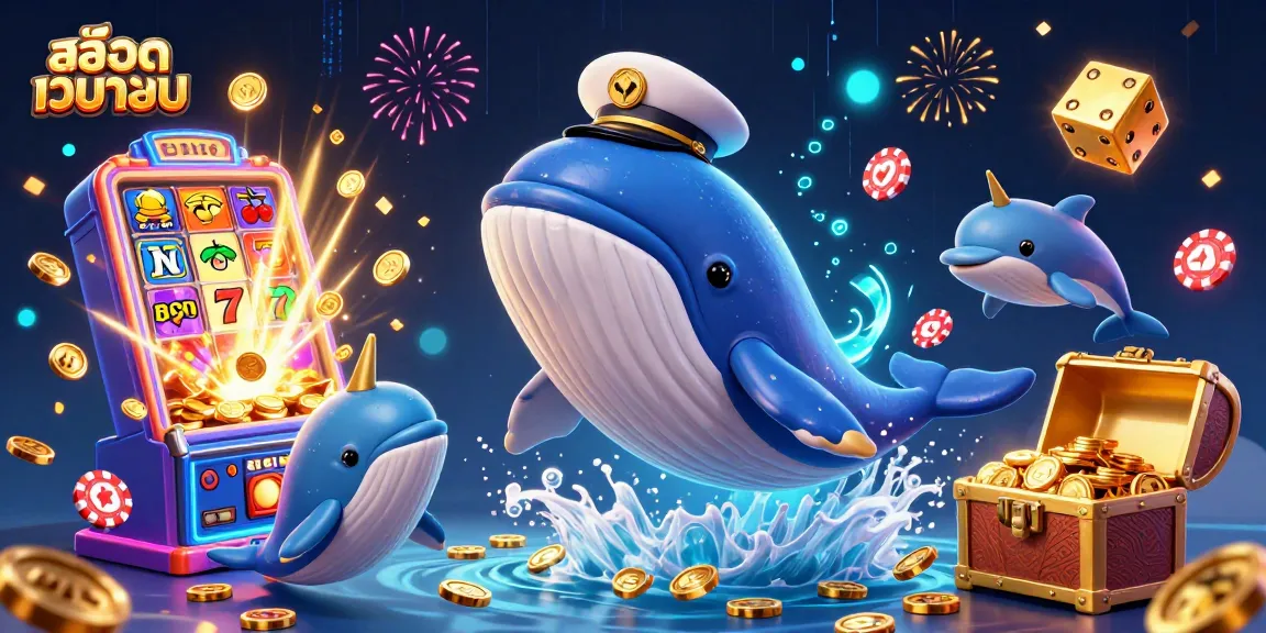 Experience excitement at สล็อตเว็บตรง with a colorful scene of a whale, narwhal, and playful dolphins amidst spilling coins and jackpot symbols.
