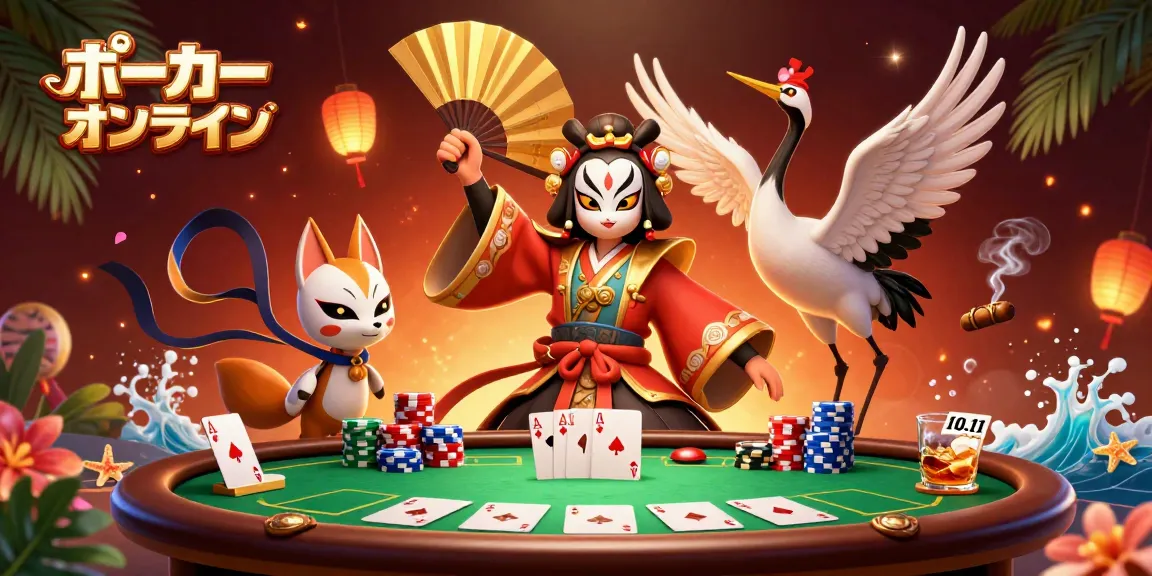 ポーカーオンラインで楽しむライブシーン、アニメ風のキャラクターがポーカーテーブルを囲む視覚的体験。