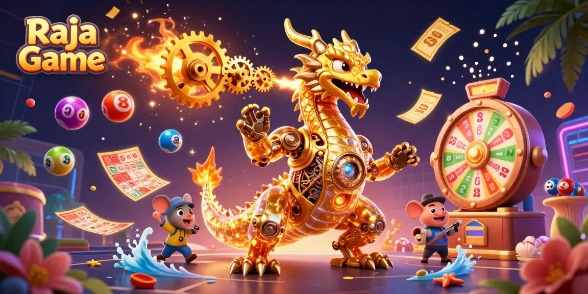 Raja Game features a golden dragon and lotto elements celebrating thrilling gameplay.
