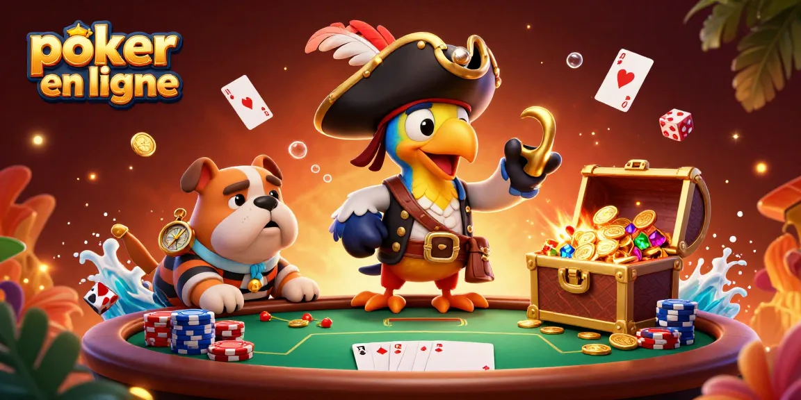 Joue au poker en ligne avec des personnages colorés autour d'une table animée, remplie de jetons et de cartes.