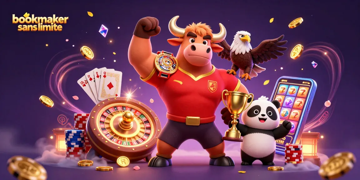 Découvrez bookmaker sans limite avec un taureau musclé, un aigle et un panda lors d'une victoire festive.