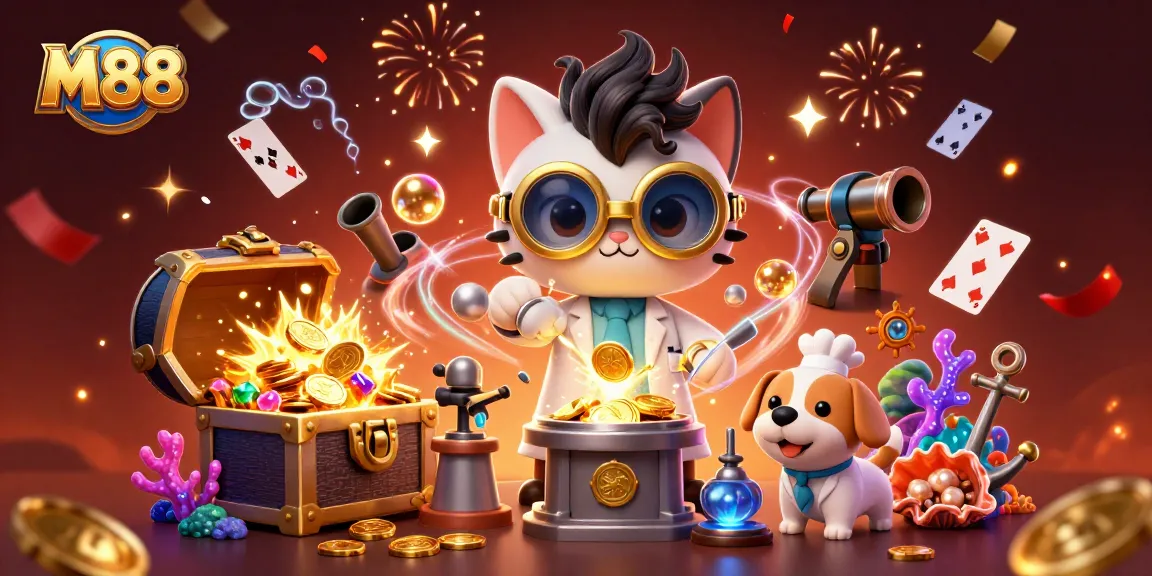 M88 illustrates an exciting casino atmosphere with a scientist and dog creating winning strategies for players