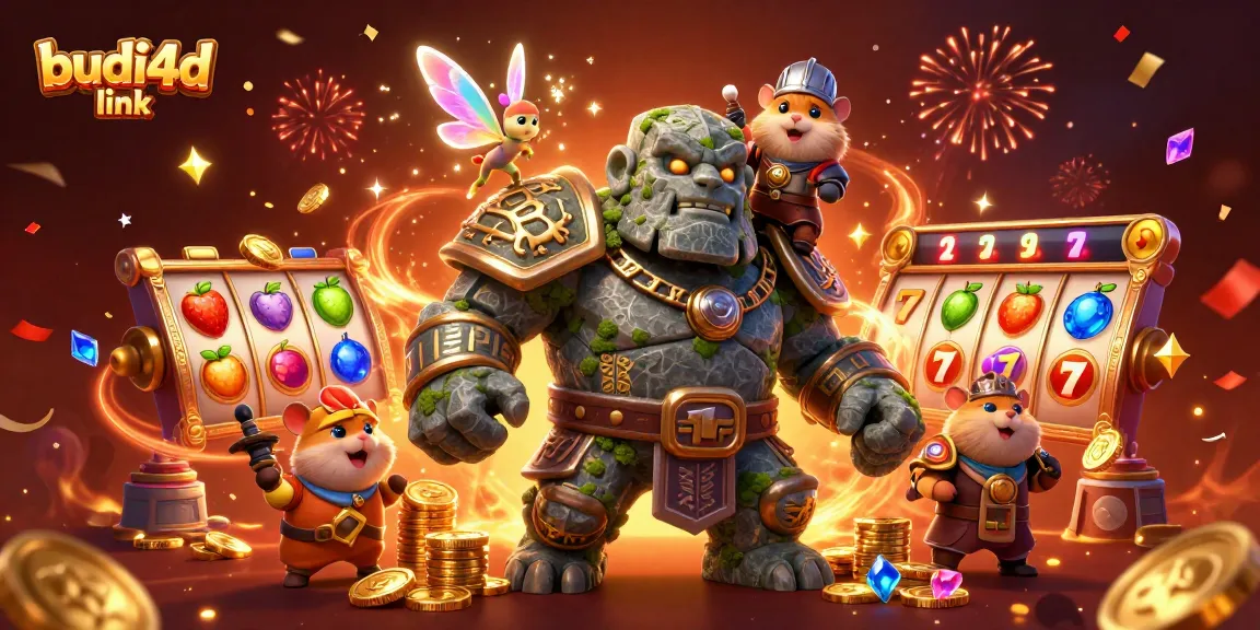 Experience the magic of BUDI4D link with a golem and fairy in a colorful casino world.