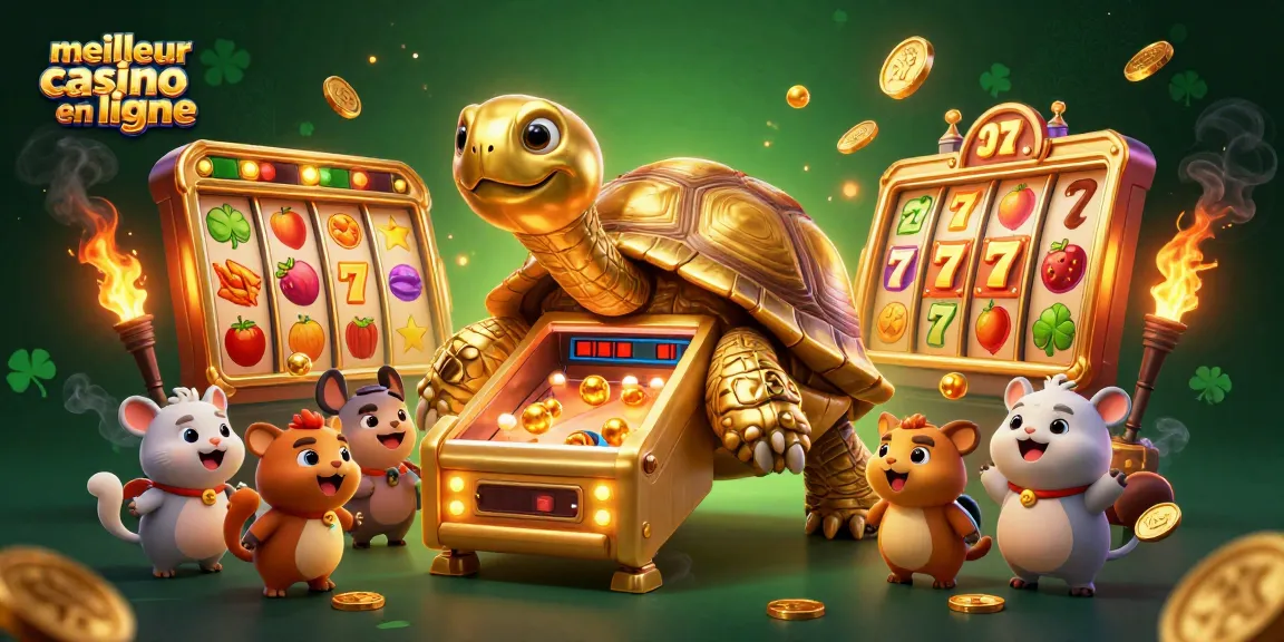 Découvrez le meilleur casino en ligne avec cette illustration animée riche de détails où une tortue dorée joue à la machine à sous.
