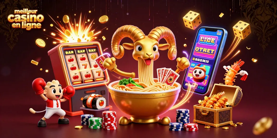 Visualisez le meilleur casino en ligne animé avec un bol de ramen doré et des personnages divertissants.