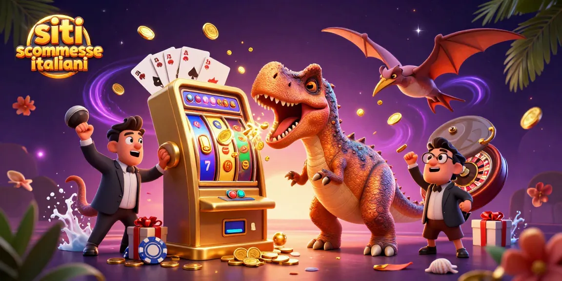 Siti scommesse italiani: Un pachicefalosauro sta colpendo una slot machine d'oro per far esplodere monete, con dettagli vivaci di casinò e giochi.
