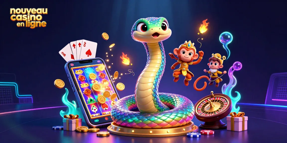 Animations captivantes dans un nouveau casino en ligne avec un serpent coloré et un roi singe amusant.