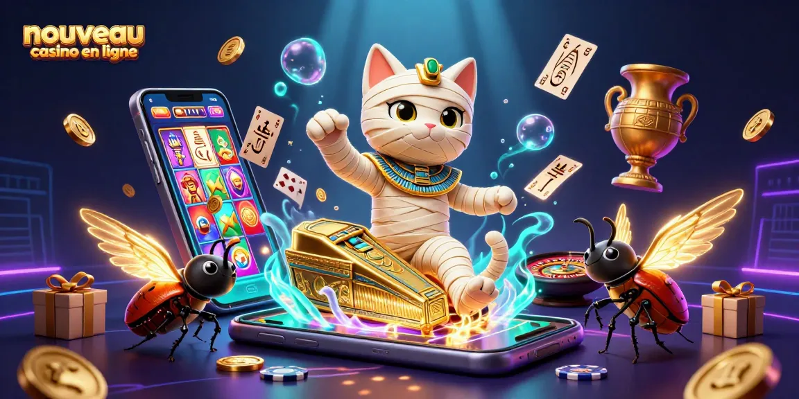 Découvrez un nouveau casino en ligne avec un chat momie et un scarabée dans un décor pyramidal.