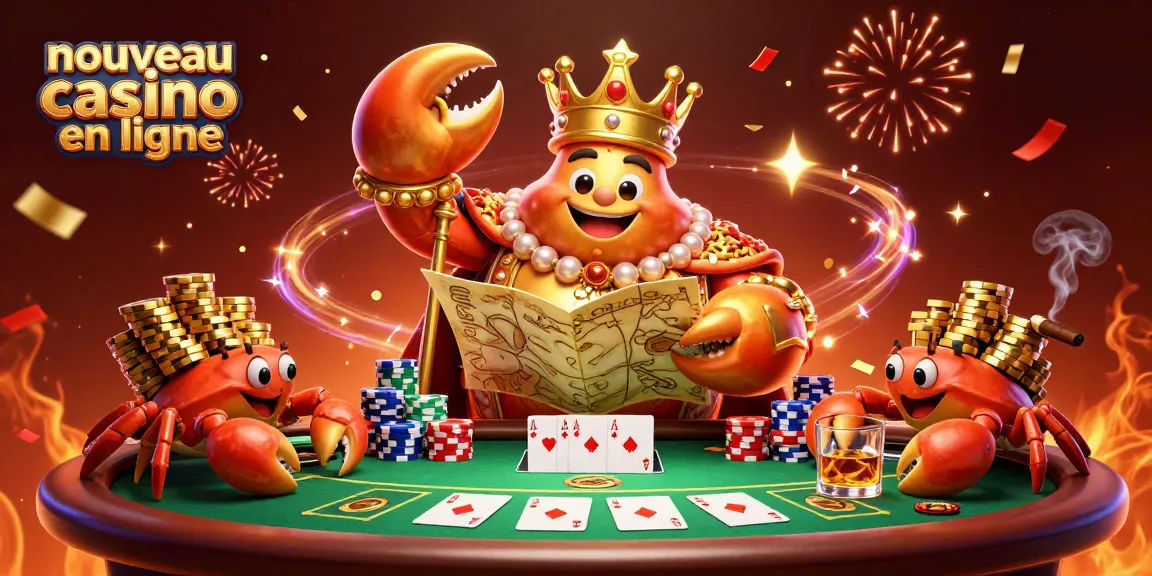 Illustration 3D d'un nouveau casino en ligne avec un crabe empereur et des jetons d'or dispersés autour