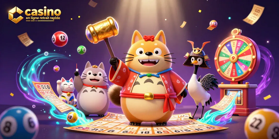 Casino en ligne retrait rapide : Visualisez l'animation festive avec un tanuki, des boules de loterie et des chatons porte-bonheur.