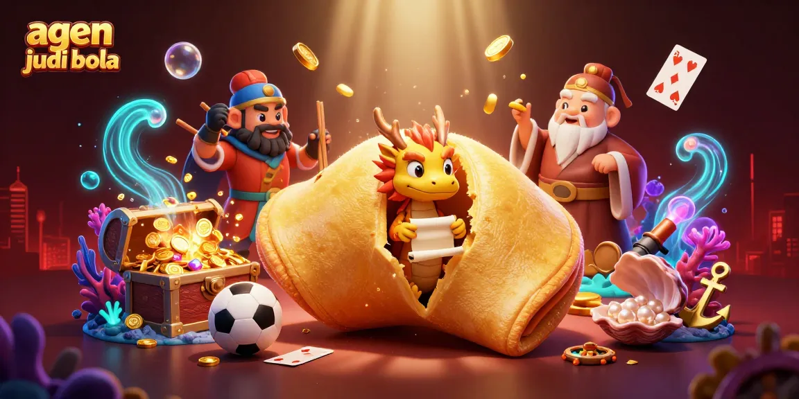 A vibrant scene of an agen judi bola showcasing a giant fortune cookie, wise dragon, and dynamic sports elements.