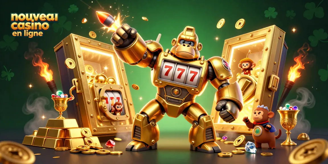 Illustration d'un gorille doré robot, symbolisant le nouveau casino en ligne, entouré de trésors et de joyaux.