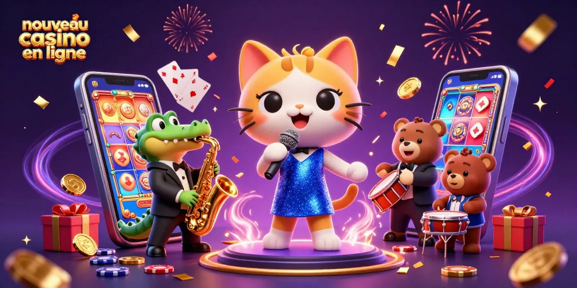 Sympathique scène de casino avec un chat chanteur, un crocodile et un ours, nouveau casino en ligne